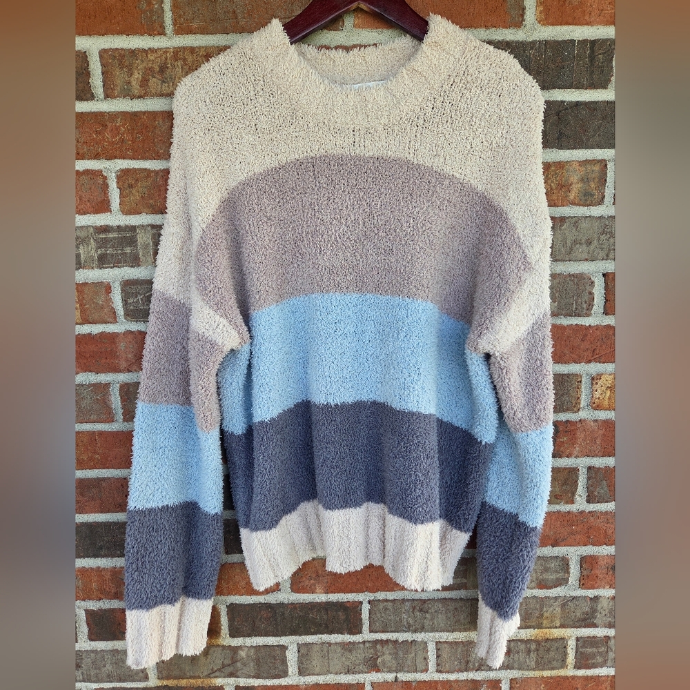 Altar'd State Women's Large Ocean Foam Striped Sweater in Cream and Blue